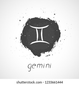 Vector illustration with Hand drawn Zodiac sign GEMINI on a grunge ink background. Monochrome.