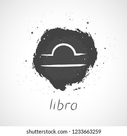 Vector illustration with Hand drawn Zodiac sign LIBRA on a grunge ink background. Monochrome.