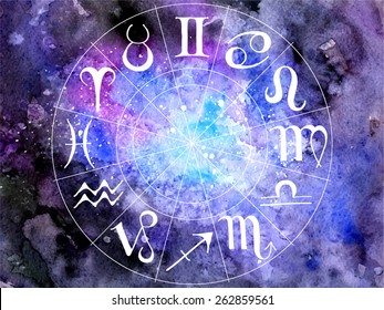 vector illustration; hand drawn zodiac on beautiful watercolor cosmos background