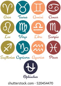 Vector illustration of hand drawn zodiac signs on colored circle. Simple zodiac icons. Horoscope symbols with thirteenth astrological sign Ophiuchus. 