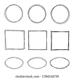 vector illustration of hand drawning circle, oval, square line sketch set isolated on transparent background. Art design round circular scribble doodle. Abstract graphic element for message note mark.