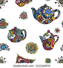 Vector illustration. The hand draws on a graphic tablet. Seamless illustration consisting of Indian ornaments and a set of colorful teapots.