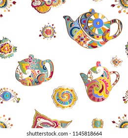 Vector illustration. The hand draws on a graphic tablet. Seamless illustration consisting of Indian ornaments and a set of colorful teapots.
