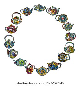 Vector illustration. The hand draws on a graphic tablet. Pattern with teapots decorated ethnic ornament.