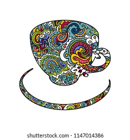 Vector illustration. The hand draws on a graphic tablet.
A cup of tea is drawn - Indian colored ornament.