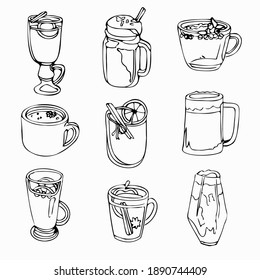 Vector illustration of hand with drinks. Warming drinks.