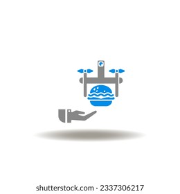 Vector illustration of hand and drone with sandwich or burger. Icon of food delivery. Symbol of food sharing. Sign of food order.