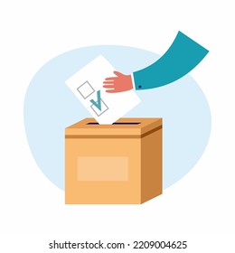 Vector illustration of a hand dropping a ballot into the ballot box. Elections and referendum	
