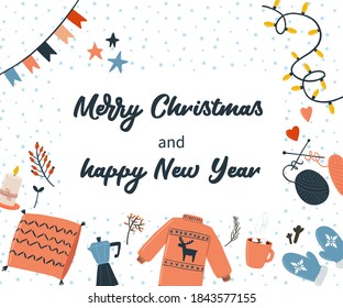 Vector illustration in hand drow style: card with winter hygge. Illustration for greeting card Merry Christmas and Happy New Year.