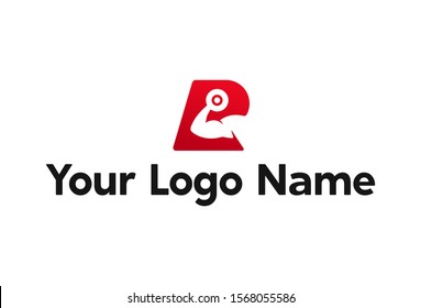Vector illustration of hand and dumbbell logo design. Isolated on white background.