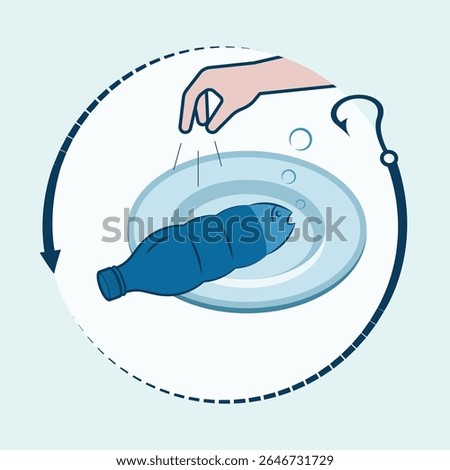 Vector illustration of hand dumping fish-shaped plastic bottle into plate surrounded by loop arrow. Symbolizing how plastic never truly disappear, returning through ocean pollution and our food chain.