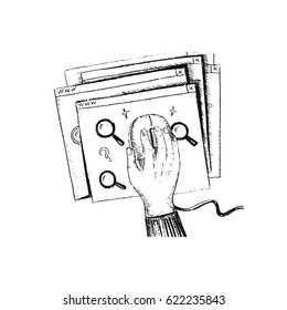 Vector illustration of a hand with electronic documents. It is executed in the form of a sketch. Isolated on white background.