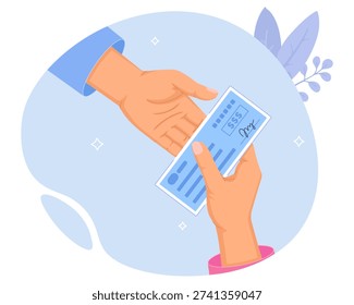 Vector illustration of hand exchanging bank check, payment concept, financial transaction, cheque, cash alternative, flat cartoon style, isolated eps artwork