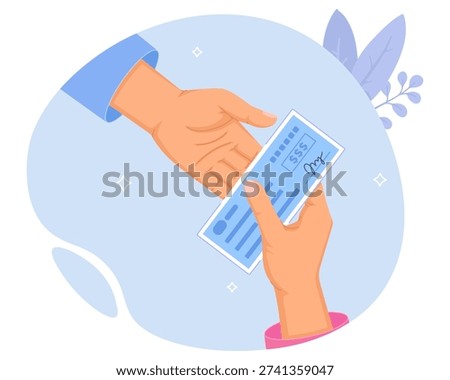 Vector illustration of hand exchanging bank check, payment concept, financial transaction, cheque, cash alternative, flat cartoon style, isolated eps artwork