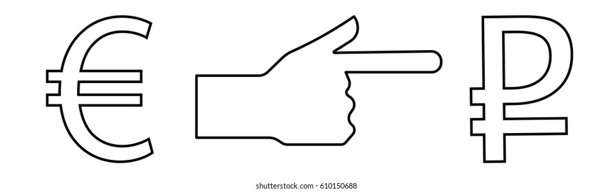 Vector illustration of a hand with an extended index finger showing the path from the euro to the ruble, for an exchange office.