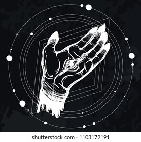 Vector illustration. Hand with eye, mysticism. Handmade, tattoos, prints on T-shirts. background chalkboard