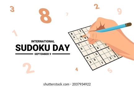 Vector illustration, hand filling the sudoku game column, as a banner, poster or template, international sudoku day.