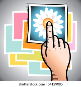 Vector illustration of a hand with finger pointing to a photo of a flower