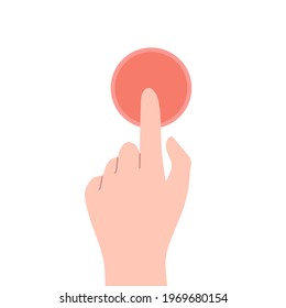 Ilustración vectorial con la mano y el dedo pulsando el botón rojo. Medios sociales y concepto de marketing. Acción a iniciar. Concepto táctil al estilo de las caricaturas planas. Aislado sobre fondo blanco