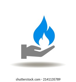 Vector illustration of hand with fire flame. Icon of gas production. Symbol of industry gasoline.