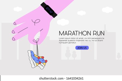 Vector illustration of a hand with fitness band or tracker holding sneakers on shoe laces. Concept of healthy lifestyle, marathon running, cardio exercise or workouts for banners, landing page, flyer.