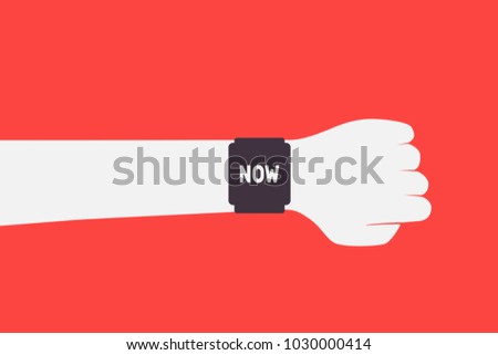 Vector illustration of a hand, a flat silhouette, a clock on his hand, red, blue, white, now, action in the present, here and now