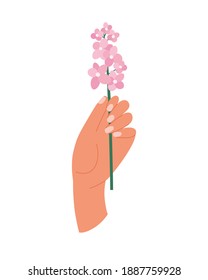 Vector illustration of a hand with flower. Hand-drawn set in bright color, isolated in white background. The illustration is suitable for a local farm, gardening, healthy living.