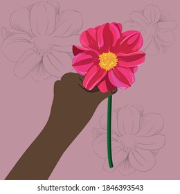 vector illustration of a hand with a flower. a man holds a flower in his hand. gift of a flower.