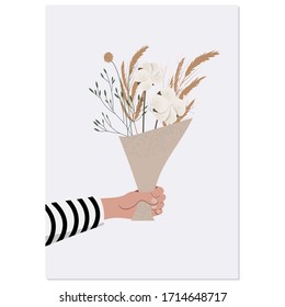 Vector illustration of hand with flowers bouqet. Beautiful hand drawn bouquet: pampass grass, cotton heads and twigs wrapped incraft paper. Stylish flat elements for greeting cards and other design 