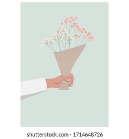 Vector illustration of hand with flowers bouqet. Beautiful hand  drawn bouquet of gypsophila flowers wrapped in craft paper. Stylish flat elements for your greeting cards and other desing. 