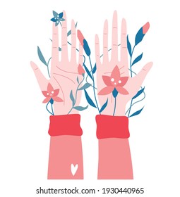 Ilustración vectorial de una mano, flores, hojas, lirios crecen de las mangas.
Tarjeta plana de dibujos animados

