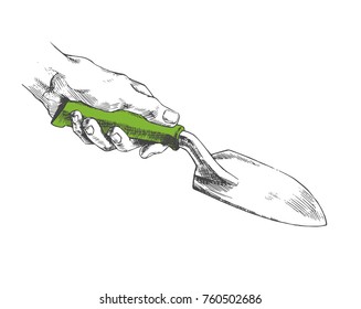 Vector illustration of hand with garden trowel isolated on white.  Tool for planting job in sketch style