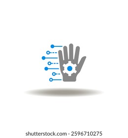 Vector illustration of hand with gear wheel and electronic circuit pattern. Symbol of biomechanics.
