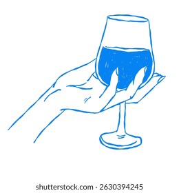 Vector illustration of a hand gently holding a wine glass. Blue outline linear drawing in a minimalist style, perfect for branding, packaging, invitations, and event designs.