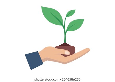 Vector illustration of a hand gently holding a sprouting plant, symbolizing growth, nurture, and sustainability. Ideal for concepts related to nature and the environment.