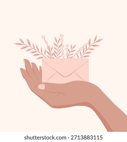 Ilustración vectorial de una mano sosteniendo suavemente un sobre rosa con una rama, hojas rosadas, flores. Los colores pastel suaves son perfectos para las tarjetas de felicitación del día de las mujeres de la primavera, invitaciones, diseños decorativos