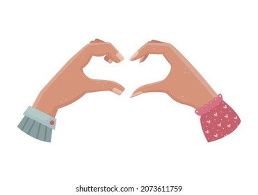 Vector illustration of a hand gesture - heart, love gesture. Flat style man and woman hands. A couple in love