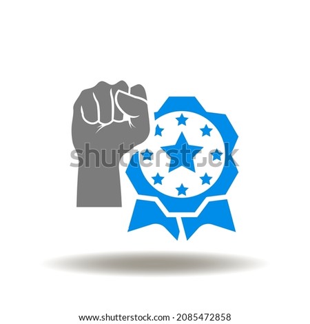 Vector illustration of hand up a gesture hurrah and reward or medal. Symbol of win and remuneration. Icon of award.