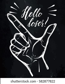 Vector illustration. Hand gesture, Loser. Handmade, prints on T-shirts, tattoos, background chalkboard,hand in the tattoo