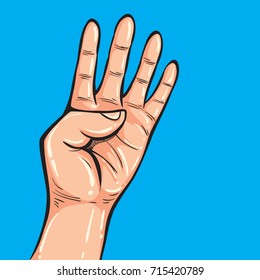 Vector illustration. Hand gesture showing number four. Simple doodle hand drawn style 