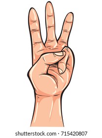 Vector illustration. Hand gesture showing number three. Simple doodle hand drawn style 