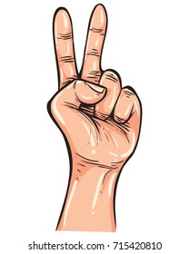 Vector illustration. Hand gesture showing number two. Simple doodle hand drawn style 