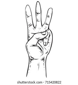 Vector illustration. Hand gesture showing number three. Simple doodle hand drawn style 