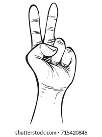 Vector illustration. Hand gesture showing number two. Simple doodle hand drawn style 