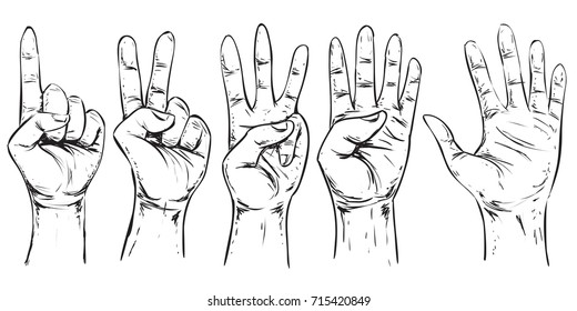 Vector illustration. Hand gesture showing number one. Simple doodle hand drawn style 