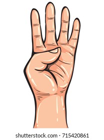 Vector illustration. Hand gesture showing number four. Simple doodle hand drawn style 