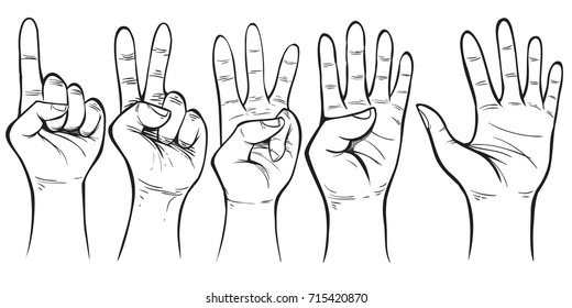 Vector illustration. Hand gesture showing number one. Simple doodle hand drawn style 