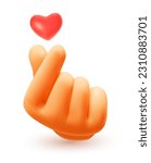 Vector illustration of hand gesture sign i love you with red heart on white color background. 3d style emoji design of man hand for web, banner, poster, print