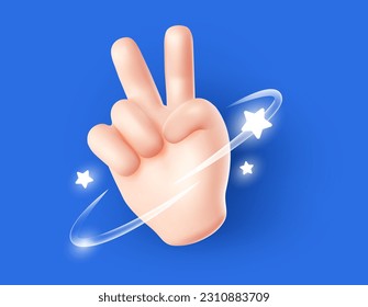 Vector illustration of hand gesture sign v with star and ring on blue color background. 3d style emoji design of man white skin hand for web, banner, poster, print