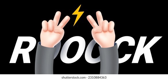 Vector illustration of hand gesture sign v in sleeve on black color background with word rock. 3d style emoji design of man white skin hand for web, banner, poster, print